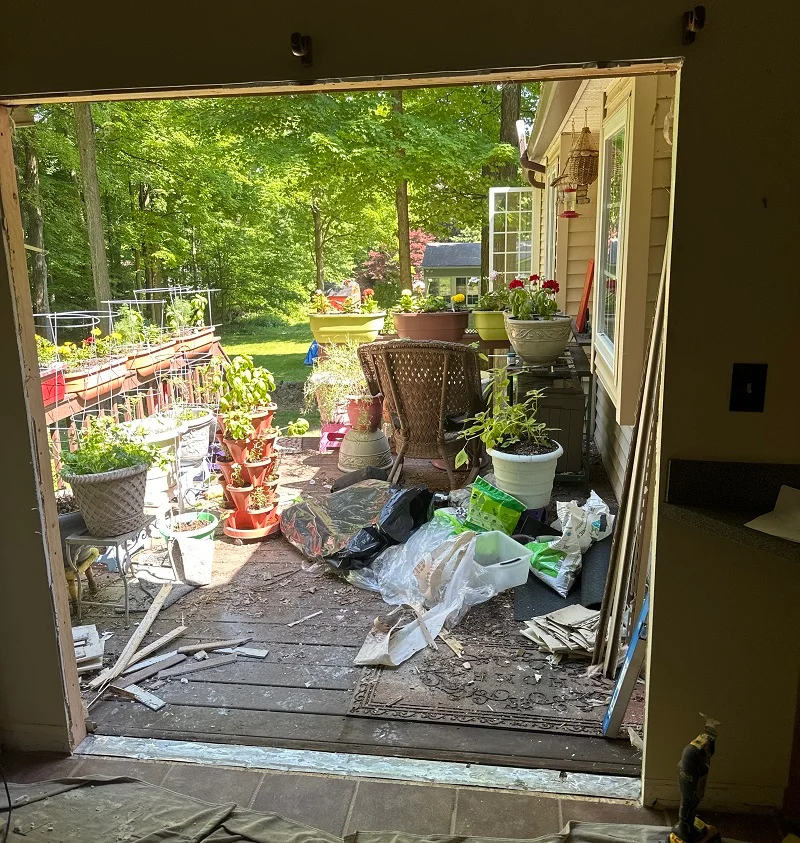 Door pan installed for this Harvey vinyl patio door installation in Beacon, NY